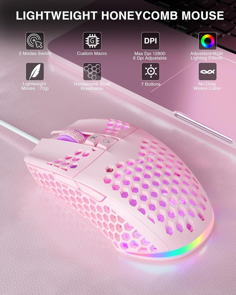 SOLAKAKA SM900 Gaming Mouse Wired with RGB,Honeycomb Shell,12800 DPI Wired Gaming Mouse with Buttons,Computer Mouse for Laptop/PC,Pink - Image 2